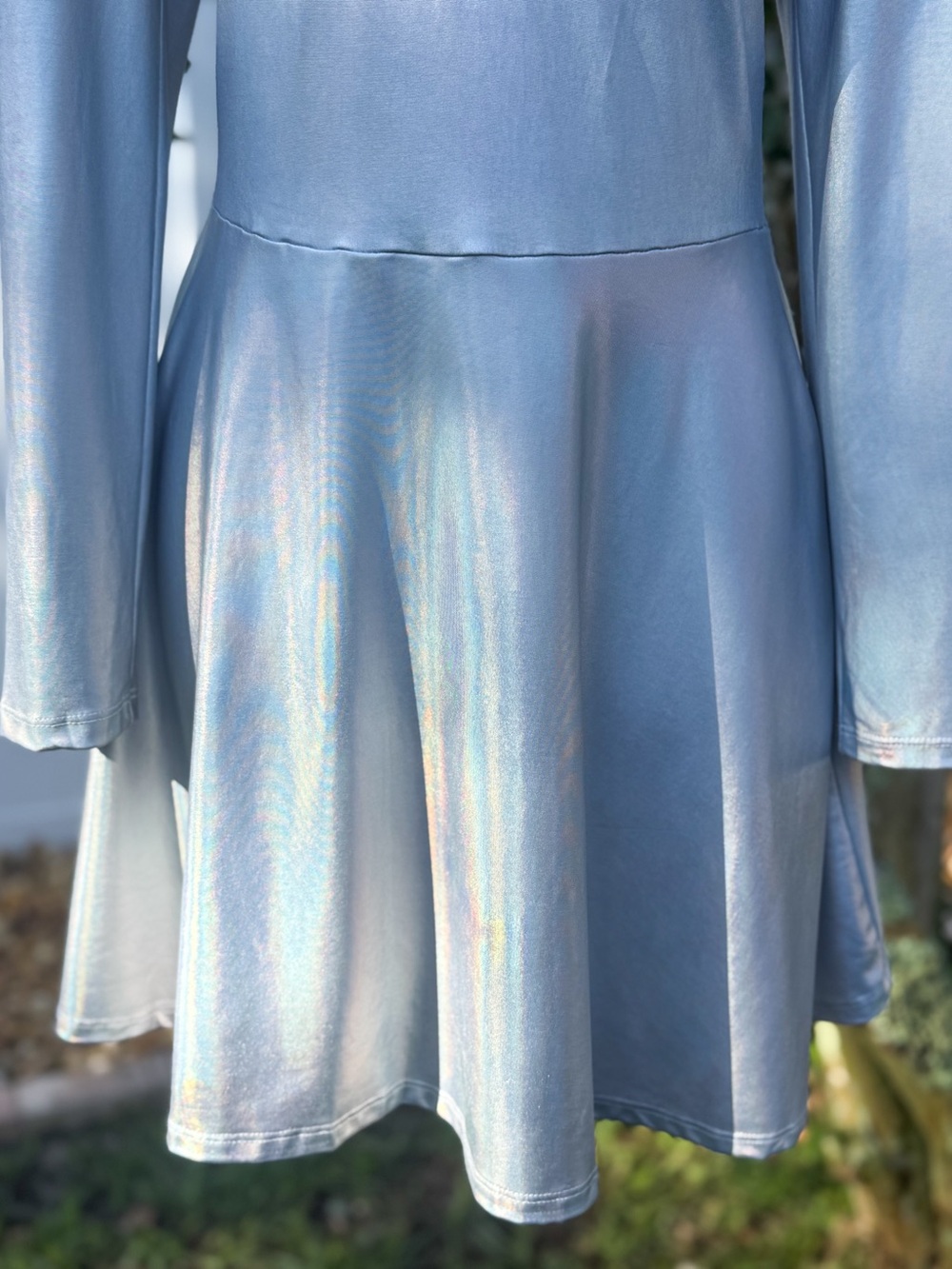 SPIRIT Silver Holographic Cold Shoulder Mock Neck Skater Dress Medium - Picture 3 of 9